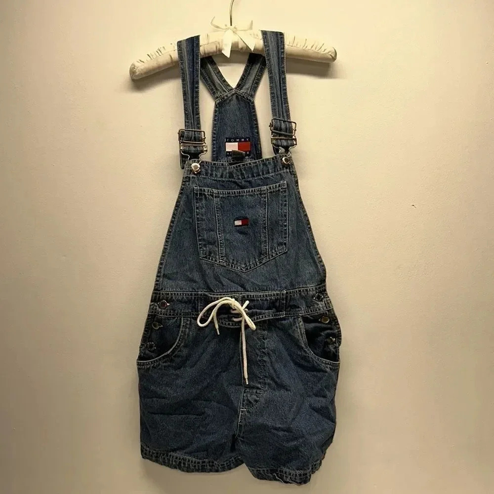 Tommy Hilfiger Overalls Denim Bib Jean Shorts Drawstring Carpenter Vintage Small
